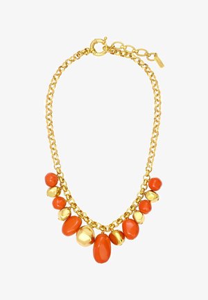 Collier chaîne en or avec des perles ovales lisses orange et or brillantes alternées suspendues le long de la moitié inférieure.