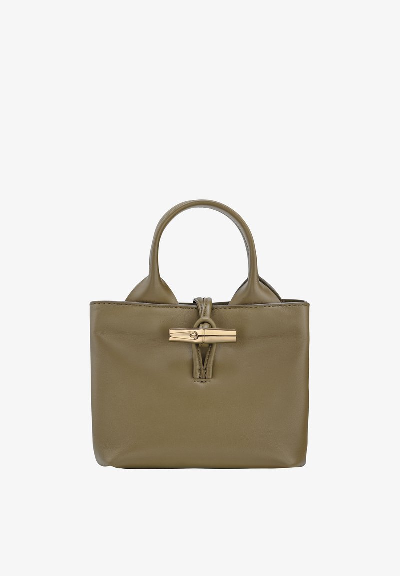 Olive green leather handbag with short handles, a gold toggle closure, and a structured shape. Smooth texture with minimal detailing.