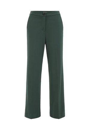 Tumši zaļas, platu kāju bikses no gluda auduma, ar priekšpuses pogu aizdari un kabatām. Vienkāršs un tīrs dizains.
