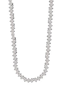 Srebrzysty naszyjnik z ciągłą linią okrągłych, błyszczących, przezroczystych kryształów, z każdym z nich osadzonym w indywidualnych oprawkach.