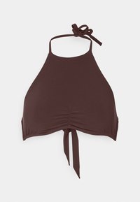 Top de biquíni castanho com alças ajustáveis e frente franzida. Tecido suave com um design minimalista, proporcionando um ajuste confortável.