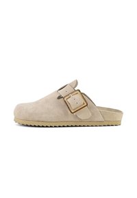 Beige suede clogs with a wide strap, square gold-tone buckle, and a rubber sole featuring a zigzag pattern for traction.