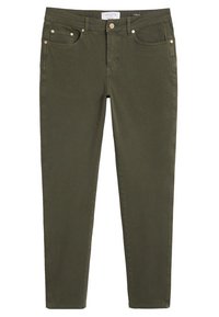 Jeans verde oliva hechos de una mezcla de algodón, con un diseño ajustado, cinco bolsillos, herrajes en tono dorado y detalles de costura sutiles.
