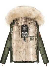 Olive green puffer jacket with a detachable faux fur hood, beige faux fur lining, and multiple inner pockets. Tags visible inside.