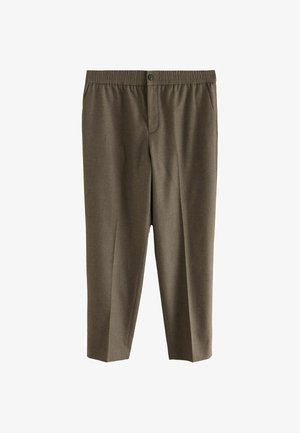 Brown, elastic waistband trousers with a button closure, featuring a straight-leg design, soft texture, and two side pockets.