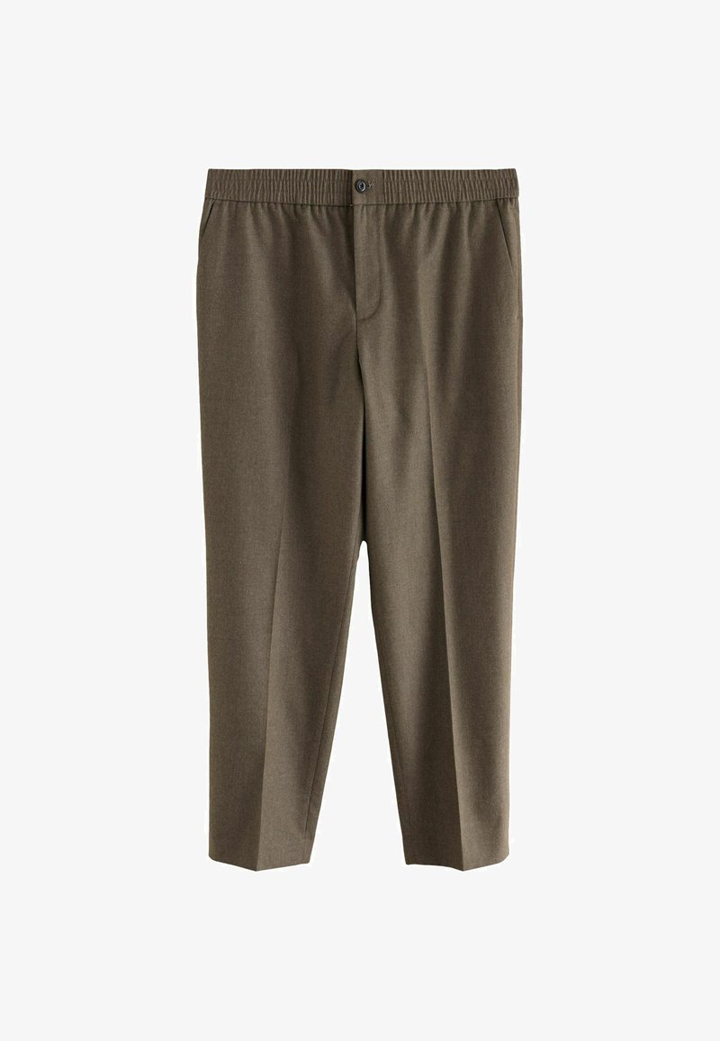 Pruunid, elastse vöökohtaga püksid nupu kinnitusega, sirge jala disainiga, pehme tekstuuriga ja kahe küljetaskuga.