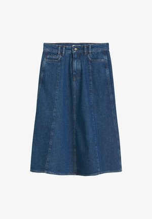 Gonna in denim blu scuro con taglio a mezza lunghezza, dotata di chiusura con bottoni, passanti per cintura e due tasche frontali. Texture liscia e design classico.