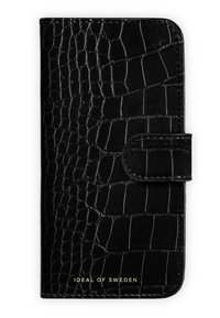 Black wallet case with a textured crocodile pattern, featuring a magnetic snap closure and gold logo at the bottom. Smooth leather finish.