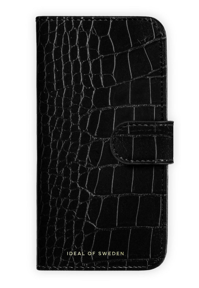 Black wallet case with a textured crocodile pattern, featuring a magnetic snap closure and gold logo at the bottom. Smooth leather finish.