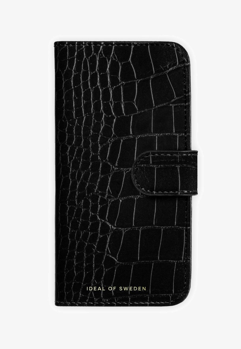 Black wallet case with a textured crocodile pattern, featuring a magnetic snap closure and gold logo at the bottom. Smooth leather finish.