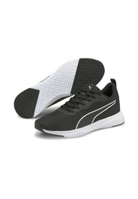 Schwarze Sportschuhe mit Obermaterial aus Netzgewebe, weißen Akzenten, gepolstertem Schaftrand und strukturiertem Gummi-Außensohle für guten Halt. Verstellbare Schnürung.