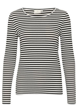 Langarmshirt mit schwarz-weißen horizontalen Streifen, Rundhalsausschnitt, geripptem Material und taillierter Passform.