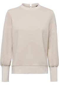 Beige lange mouwen trui met een hoge hals, voorzien van een sluiting aan de achterkant en geplooide mouwen. Gemaakt van zachte, gehusselde stof.