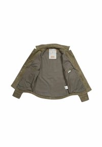 Olíva zöld színű velúr dzseki, világosbarna béléssel. Gallérral, gombos záródással és két belső zsebbel rendelkezik. Mosási útmutató címke mellékelve.
