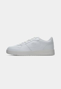 White leather sneaker with grey rubber sole, round toe, flat laces, and embossed logo on the side. Smooth texture and minimalist design.