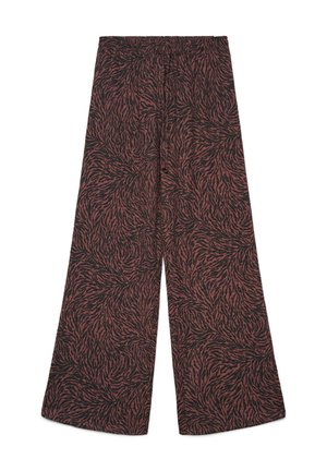 Spodnie o szerokich nogawkach z elastycznym pasem, z abstrakcyjnym wzorem wirujących czerni i ciemnej czerwieni.