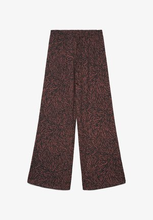 Pantaloni a gamba larga con vita elastica, caratterizzati da un motivo astratto a vortice nero e rosso scuro.