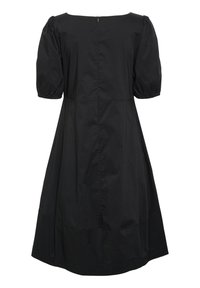 Robe en coton noir avec un décolleté carré, des manches courtes bouffantes et une jupe évasée. Elle dispose d'une fermeture éclair discrète au dos.