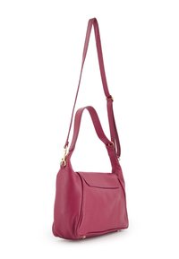 Crimson leather shoulder bag with a textured finish, a flat front pocket, and a long adjustable strap. Gold hardware accents included.