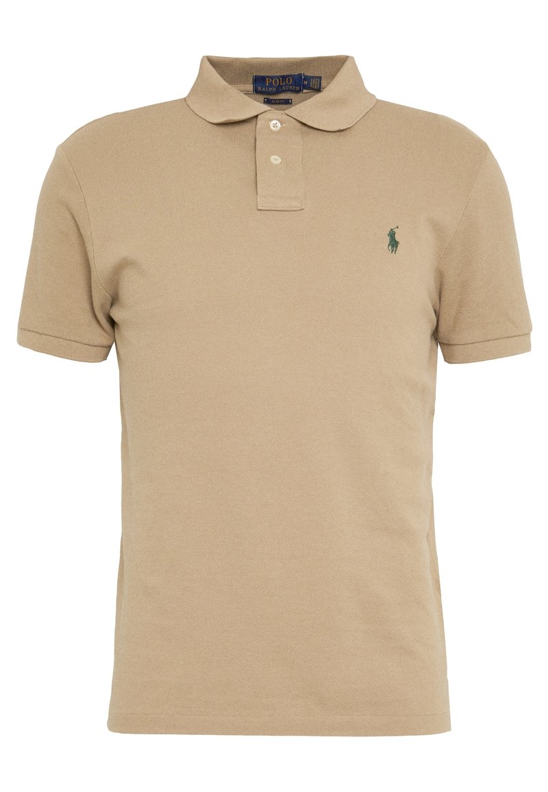 Beige kortärmad Polo Ralph Lauren pikétröja med två knappar och grönt broderat logotyp på vänster bröst.