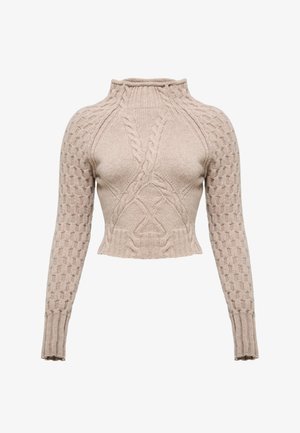 Suéter corto beige con un cuello alto, patrón de punto trenzado en el cuerpo y detalle texturizado en las mangas.