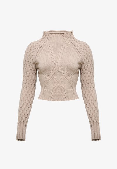 Pull en beige cropped avec un col montant, un motif en tricot à torsades sur le corps et des détails texturés sur les manches.