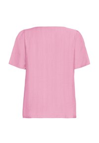 Blusa rosa a maniche corte con scollatura quadrata e tessuto testurizzato. Vestibilità ampia con orlo dritto, adatta per un look casual.