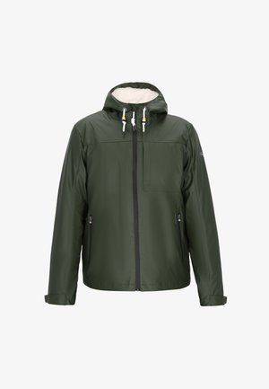 Vihreä vettä hylkivä takki, jossa on fleecevuorattu huppu, edessä vetoketju ja sivutaskut. Varustettu säädettävillä nyöreillä ja sileällä pinnalla.