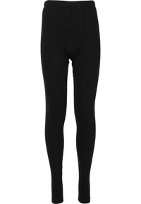 Leggings neri realizzati in un tessuto liscio e elastico. Presentano un cinturino elasticizzato e un design aderente, che si stringe fino alle caviglie.