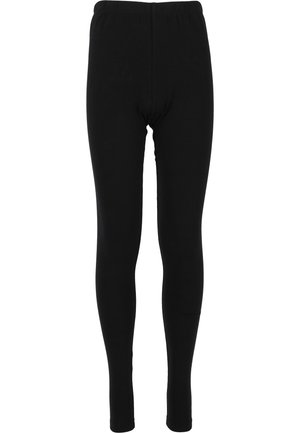 Leggings neri realizzati in un tessuto liscio e elastico. Presentano un cinturino elasticizzato e un design aderente, che si stringe fino alle caviglie.