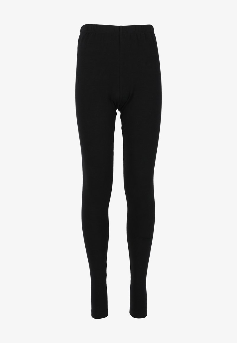 Leggings neri realizzati in un tessuto liscio e elastico. Presentano un cinturino elasticizzato e un design aderente, che si stringe fino alle caviglie.