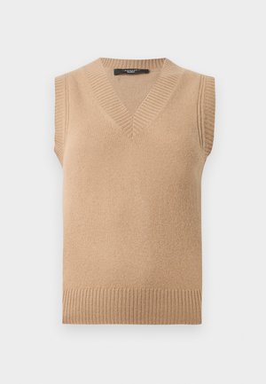 Beige gestrickte Ärmellose Strickweste mit V-Ausschnitt und gerippten Kanten an Ausschnitt, Armausschnitten und Saum, auf weißem Hintergrund präsentiert.