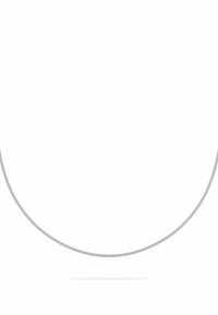 Silberne Kettenhalskette mit einer flachen, glatten Textur, die ein zartes Design und einen subtilen Glanz aufweist. Ihre geschwungene Form ermöglicht ein flexibles Drapieren.