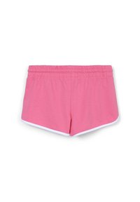 Pantaloni sportivi rosa con un cinturino elastico, rifinitura bianca sulle gambe e una texture liscia. Progettati per il comfort e la libertà di movimento.