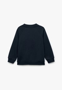 Marineblaue Fleece-Sweatshirt mit geripptem Rundhalsausschnitt, Raglanärmeln und gerippten Bündchen und Saum. Glatte Textur mit minimalem Design.