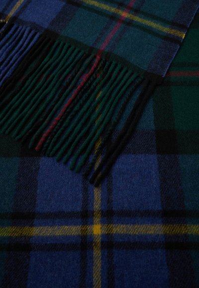 Sciarpa a quadri nei toni del blu, verde e giallo; realizzata in tessuto morbido con dettagli frangiati lungo un lato. Il motivo quadrato domina il design.