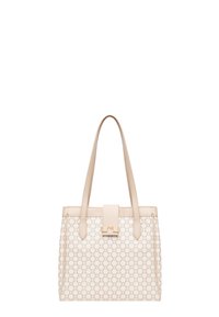 Borsa a tracolla beige con un motivo testurizzato, dotata di manici in pelle liscia e un fermaglio frontale. I dettagli in tono oro esaltano il design.