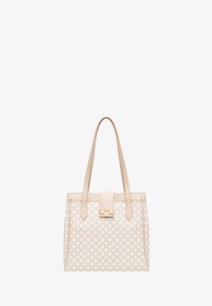 Borsa a tracolla beige con un motivo testurizzato, dotata di manici in pelle liscia e un fermaglio frontale. I dettagli in tono oro esaltano il design.