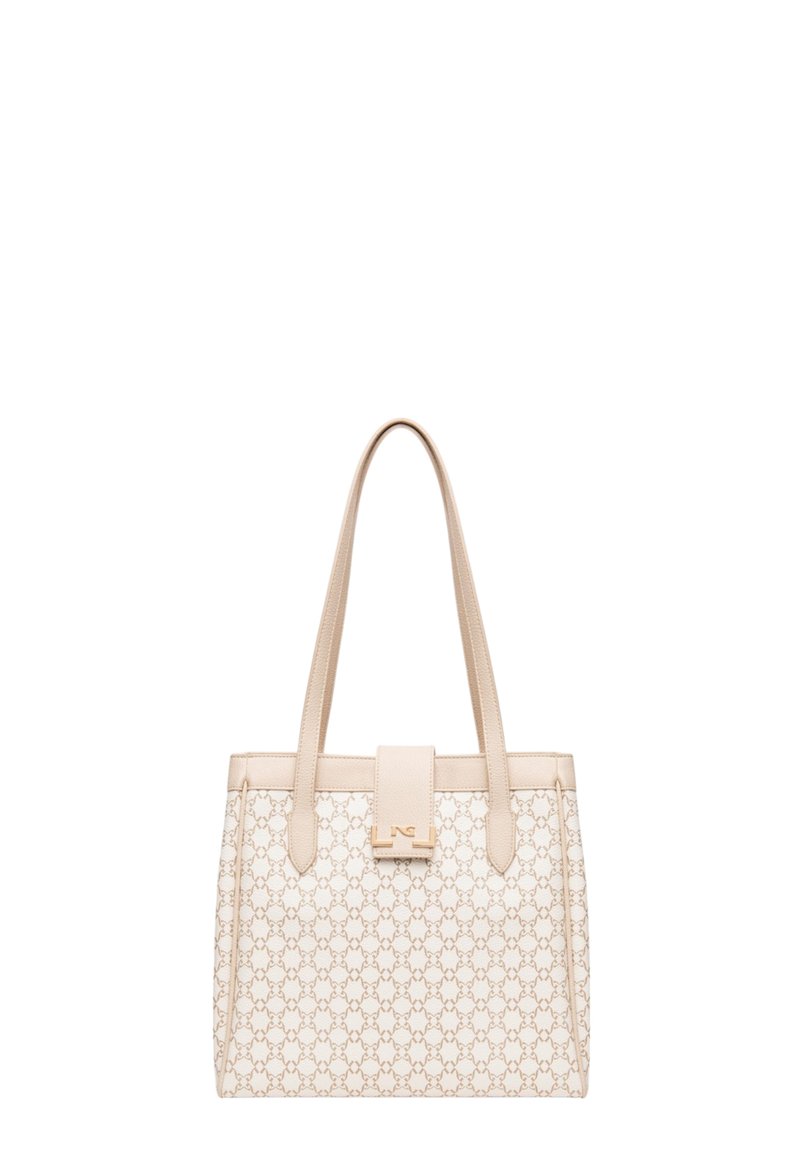 Borsa a tracolla beige con un motivo testurizzato, dotata di manici in pelle liscia e un fermaglio frontale. I dettagli in tono oro esaltano il design.