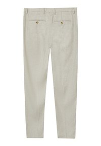 Pantaloni beige chiaro con finitura testurizzata, gamba dritta, due tasche posteriori con bottoni e design della vita standard.