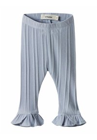 Jasnoniebieskie prążkowane legginsy z falbanką u dołu, wykonane z miękkiego materiału. Posiadają elastyczną talię dla wygody oraz metkę wewnątrz.