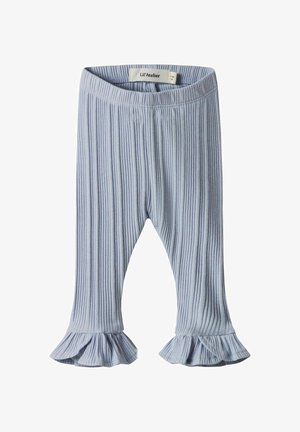 Lichtblauwe geribbelde legging met een geplooide zoom, gemaakt van zachte stof. Voorzien van een elastische tailleband voor comfort en een label aan de binnenkant.