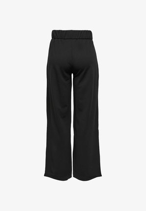 Pantalons noirs à jambes larges avec une taille élastique, fabriqués à partir d'un tissu lisse. Présente un design épuré sans poches ni détails de couture visibles.