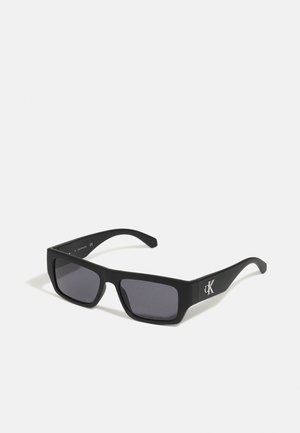Occhiali da sole neri con forma quadrata e finitura opaca. Lenti scure, con un logo argentato sulla tempia. Design elegante e moderno.