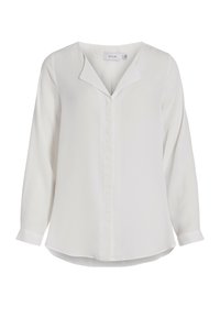 Blusa bianca a maniche lunghe realizzata in materiale setoso, con colletto a revers, chiusura con bottoni sul davanti e orlo curvo.
