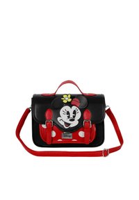 Bolso de cuero sintético negro con un gran gráfico de Minnie Mouse, acentos rojos, lunares blancos, dos hebillas frontales y una correa desmontable.