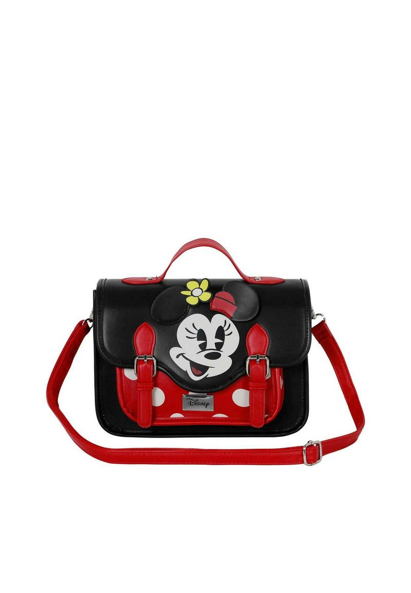 Bolso de cuero sintético negro con un gran gráfico de Minnie Mouse, acentos rojos, lunares blancos, dos hebillas frontales y una correa desmontable.