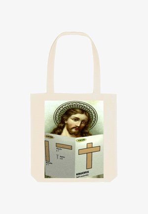 Canvas draagtas met een afgedrukte afbeelding van een religieuze figuur met een halo, samen met instructies voor het in elkaar zetten van een houten kruis.