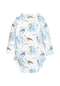 Witte lange mouwen babybody met blauwe aquarelle-stijl zeedieren, waaronder octopussen, zeepaardjes, schildpadden, vissen en kwallen.