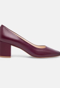 Décolleté in pelle bordeaux con tacco squadrato e punta appuntita, dalla superficie liscia. Design minimalista con scollatura bassa e tacco robusto.